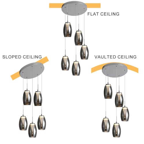 Modern 5 Light LED Staircase Chandelier with Smoke Gray Glass