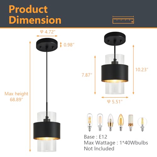 Modern Black Pendant Lighting Indoor Kitchen Island Pendant Light Glass Shade Ceiling Light Fixtures for Bedroom Dining Room Living Room (2 Count)