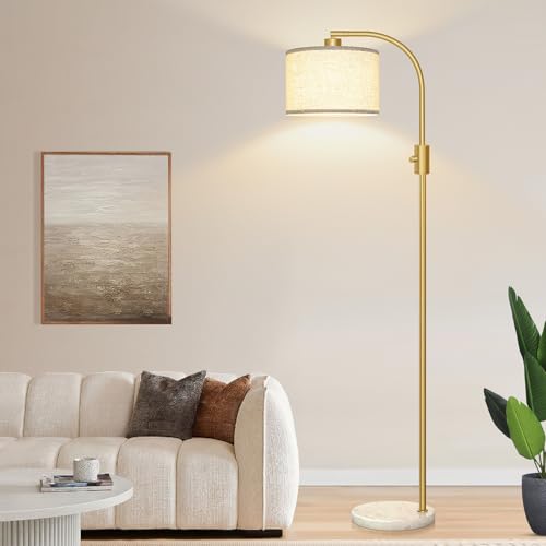 Upgraded Modern Arc Dimmable Tall Standing Floor Lamp with Marble Base & Linen Shade