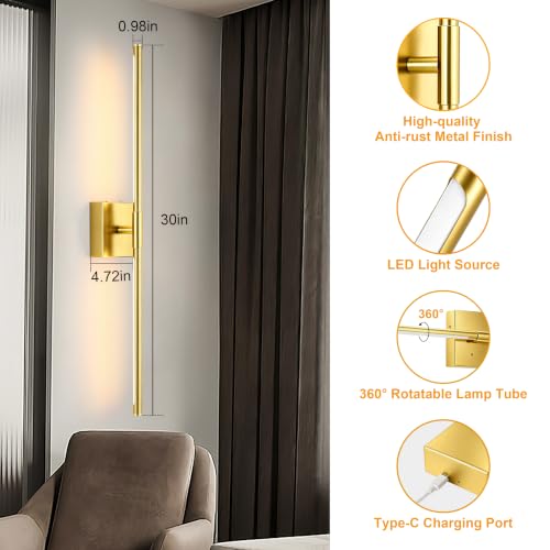 30 Inch Painted Gold Battery Operated Wall Sconces with Remote (2 Count)