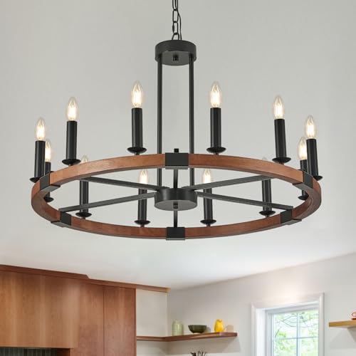 Farmhouse Wood Wagon Wheel Chandelier 12 Light Round Rustic Chandeliers