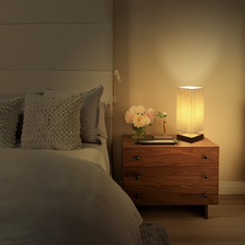 Touch Control Table Lamp Bedside 3 Way Dimmable Touch Desk Lamp Modern Nightstand Lamp with Square Fabric Lamp Shade Simple Night Light for Bedroom Living Room Office