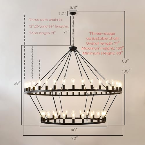 70 Inch Black Extra Large Wagon Wheel Chandelier
