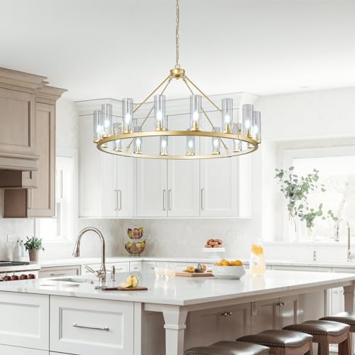 16 Light Large Wagon Wheel Chandelier with Clear Glass Shade Gold Round Pendant Light Farmhouse Industrial Chandeliers Dining Room Light Fixture for Stair Living Room Foyer Kitchen