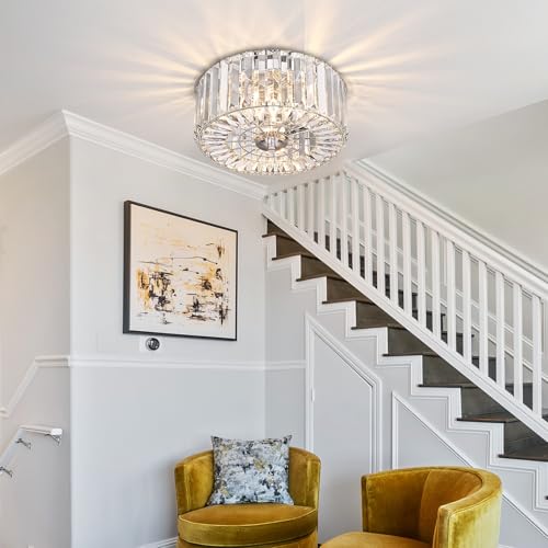 11.87 Inch Round Chrome Crystal Flush Mount Ceiling Light Fixture