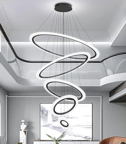 Modern LED Dimmable Chandelier 5 Ring High Ceiling Large Chandelier for Living Room Hanging Light Fixture for Foyer Staircase Black