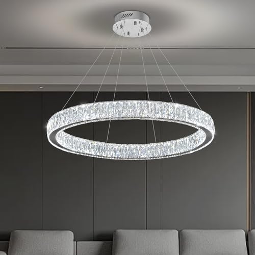 Modern LED Dimmable Crystal Chandelier 31.5" Ring Pendant Light Adjustable Round Chrome Crystal Chandelier Light Fixtures for Dining Room Living Room