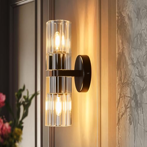 2 Light Black Wall Sconces Crystal Wall Sconce Modern Wall Sconces with K9 Crystal Lampshade Hallway Indoor Sconces Wall Lighting for Bathroom Entryway Stairway（1