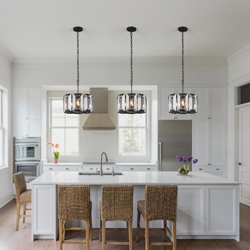 Black Modern Crystal Chandeliers Round Farmhouse Pendant Light Semi Flush Mount Ceiling Light Fixture for Bedroom Dining Room Kitchen Island Living Room Foyer Hallway