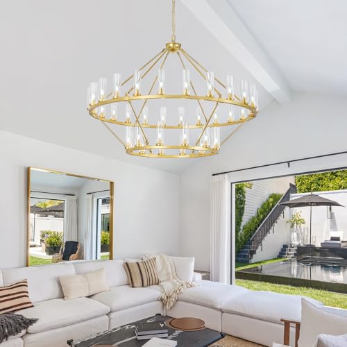 63 Inch Large Gold Wagon Wheel Chandelier with Clear Glass Shade 2 Tier 36