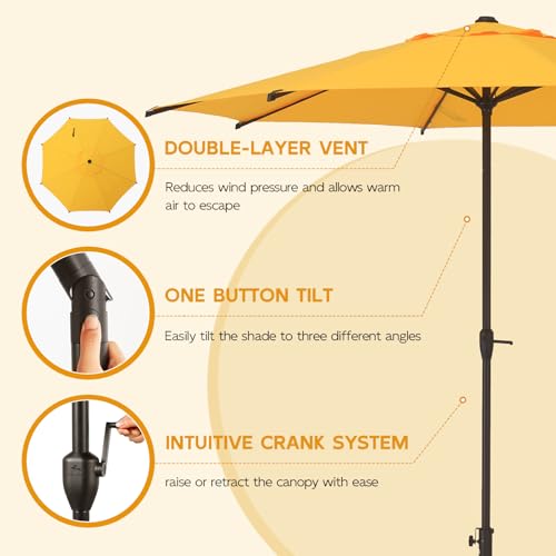 9FT Lyon Outdoor Patio Umbrella Outdoor Table Umbrella with Crank Market Umbrella 8 Sturdy Ribs UV Protection Waterproof and Push Button Tilt for Garden Deck Backyard Pool