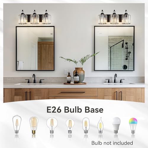 3 Light Black Bathroom Light Fixtures Over Mirror Modern Vanity Lights Crystal Wall Sconce Vintage Bathroom Lighting with Crystal Shade E26 Base for Bedroom