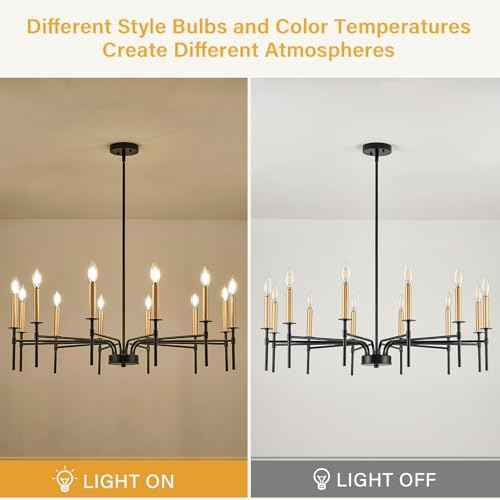 12 Light Modern Farmhouse Black and Gold Chandeliers for Dining Room Light Fixture, Metal Candle Chandelier Lighting Fixtures for Living Room Stair Foyer Entryway Bedroom Kitchen