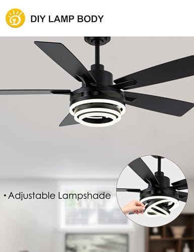 52 Inch Black Modern Ceiling Fans with Lights Chandelier Fan