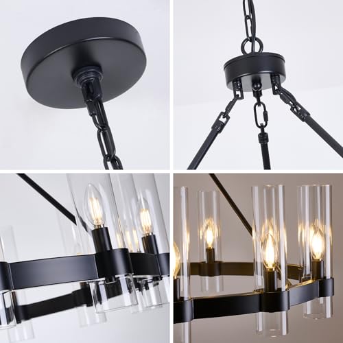 36 Inch Large Black Wagon Wheel Chandelier 12 Lights with Glass Shade