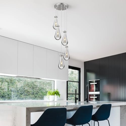 Raindrop Pendant Lights Kitchen Island Teardrop Chrome Hanging Light Fixtures Clear Solid Glass Pendant Light Modern Chandeliers for Dining Room Porch Corridor Living Room (5 Count)