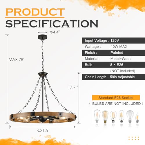 Farmhouse Wagon Wheel Chandelier 31.5" Oak Rustic Chandeliers 8