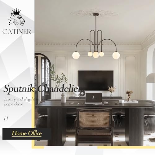 Modern 40" 6 Light Brown Sputnik Chandelier with Milk Glass Globe