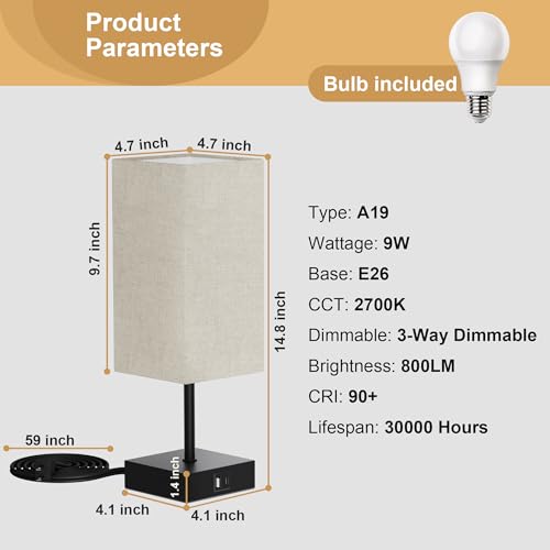 Bedside Table Lamp for Bedroom with 2 USB Ports
