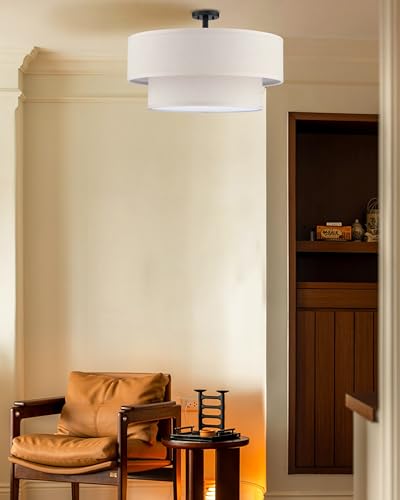 5 Light 22" Cream Fabric Black Semi Flush Mount Close to Ceiling Light Fixture