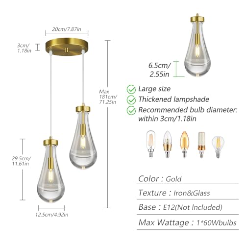 Raindrop Pendant Lights Kitchen Island Teardrop Gold Hanging Light Fixtures Clear Solid Glass Pendant Light Modern Chandeliers for Dining Room Porch Corridor Living Room