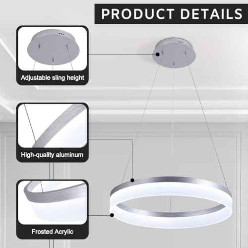 Buccleuch Modern LED Chandelier - Dimmable 19.7" Silver Round Pendant Light, Height Adjustable UL-Certified Ceiling Light for Dining Room, Kitchen Island, Living Room, Bedroom, Foyer, 6500K