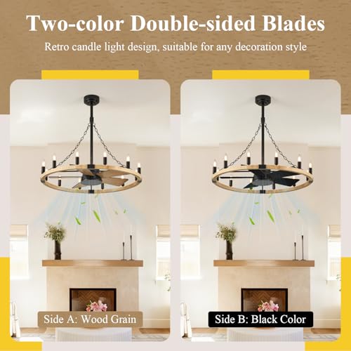 Natural Wooden Wagon Wheel Chandelier Fans 12