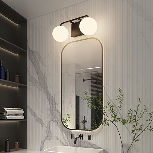 2 Lights Mid Century Vintage Bathroom Vanity Light Fixtures Over Mirror Black Industrial Vanity Lights with Milk White Glass Globe Farmhouse Bath Lighting