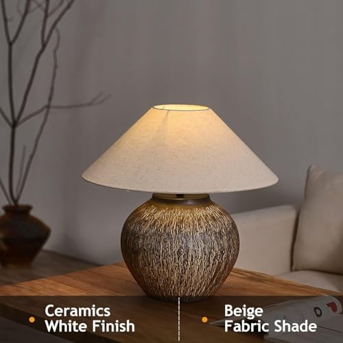 Rustic Farmhouse Table Lamp 20.8" Neutral Ceramic Table Lamp Brown White Checkered Ceramic with Linen Drum Shade Decor Bedside Nightstand for Living Room Bedroom