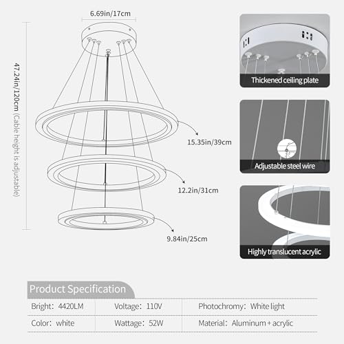 Modern LED Chandeliers White Pendant Light Fixture 3 Ring Flush Mount Chandeliers with Adjustable Hanging Cord for Bedroom