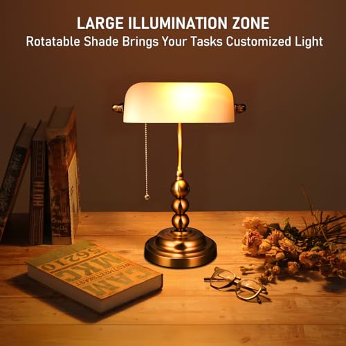 Ivory White Glass Bankers Desk Lamp with Pull Chain