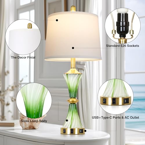 Green Glass Table Lamp Set of 2 with USB C+A Ports & AC Outlet (2 Count)