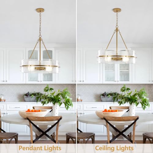 Modern Dining Room Chandelier 22” Gold Textured Glass Drum Chandelier
