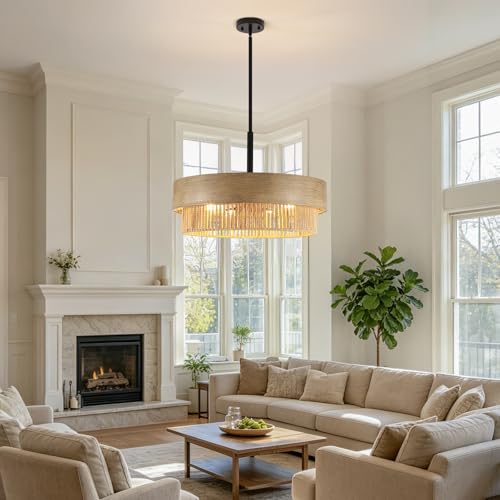 23.6" Large Wood Texture Drum Chandelier for Dining Room with Woven Rattan