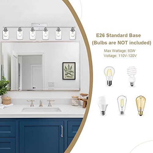 6 Lights Bathroom Vanity Light in Chrome Finish with Clear Cylinder Glass Shade Industrial Wall Light Fixtures Over Mirror for Dressing Table Bedroom