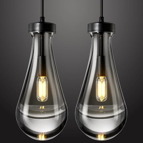 Raindrop Pendant Lights Kitchen Island Set of 2 Teardrop Black Hanging Light Fixtures Clear Solid Glass Pendant Light Modern Chandeliers for Dining Room Porch Corridor Living Room… (2 Count)