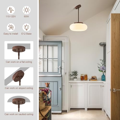 Mid Century Modern Faux Walnut Wood Semi Flush Ceiling Light 12.6 Inch