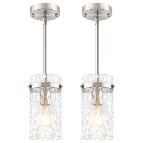 2 Pack Brushed Nickel Pendant Lights Kitchen Island Modern Hammered Glass (2 Count)