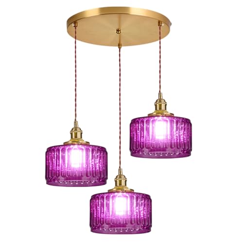 3 Light Glass Globe Chandelier Kitchen Island Mid Century Modern Ceiling Pendant Light Purple Striped Shade Gold Hanging Lights Fixture Multi Light Cluster Chandeliers Dining Room