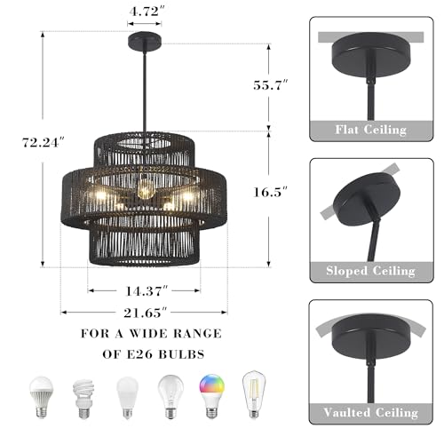 22" Black Boho Rattan Chandelier Light Fixture Hand Woven Farmhouse Pendant Lighting Rustic Boho Chandeliers for Dining Room Living Room Hallway Foyer 5 Lights