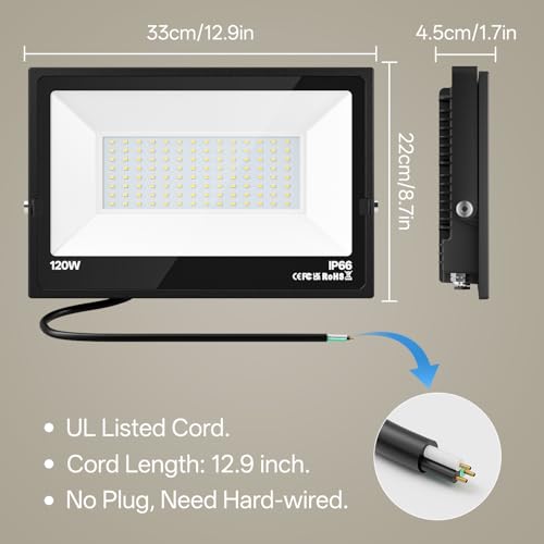 120W Flood Lights Outdoor Hardwired Security Light IP66 Waterproof 6000K