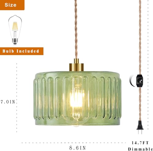 Plug in Pendant Light Hanging Lights with Plug in Cord Boho Hanging Lamp Glass Gold Mid Century Modern Vintage Dimmable Green Flower Plug in Chandelier Ceiling Fixture for Living Room