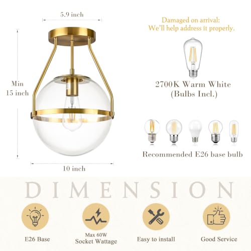 10" Semi Flush Mount Ceiling Light with Clear Glass Shade Mid Century Ceiling Light Modern Gold Globe Semi Flush Mount Ceiling Light Fixture for Bedroom Hallway Bathroom Foyer