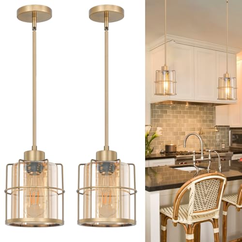 Farmhouse Brass Pendant Light Fixtures with Amber Glass (2 Count)