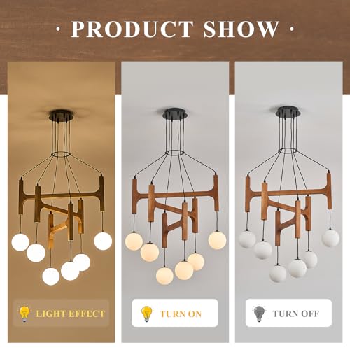 Farmhouse 6 Light Wooden Chandelier with Milk Glass Globe L28 Inch (6 Count)