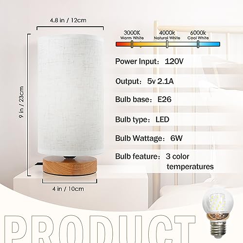 Minimalist Dimmable Nightstand Lamp with Round Fabric Linen Shade