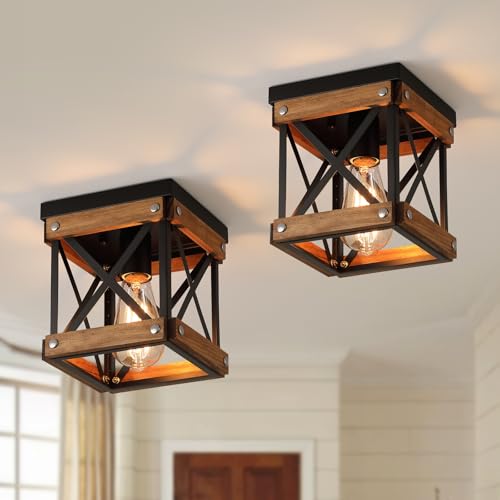 2 Pack Rustic Farmhouse Wood Flush Mount Ceiling Light Fixture Oak Wood and Metal Square Cage Small Semi Flush Mount Ceiling Light for Kitchen Hallway Entryway Bedroom Farmhouse Country (2 Count)