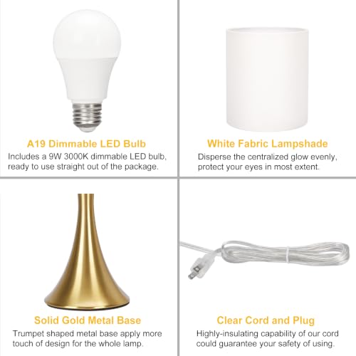 Gold Bedside Lamp Touch Control Table Lamp for Bedroom