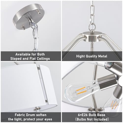 23Inches Large Drum Chandelier with Metal and White Linen Fabric Shade