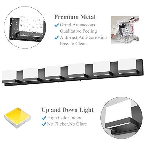 Dimmable Modern 6 Lights LED Vanity Light for Bathroom Up and Down Black Bathroom Wall Light Fixtures Over Mirror